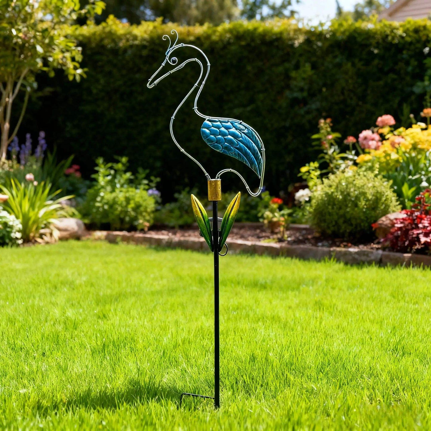 Solar Blue Heron Garden Stake Light — Metal Wire Bird with Teal Glass Wing