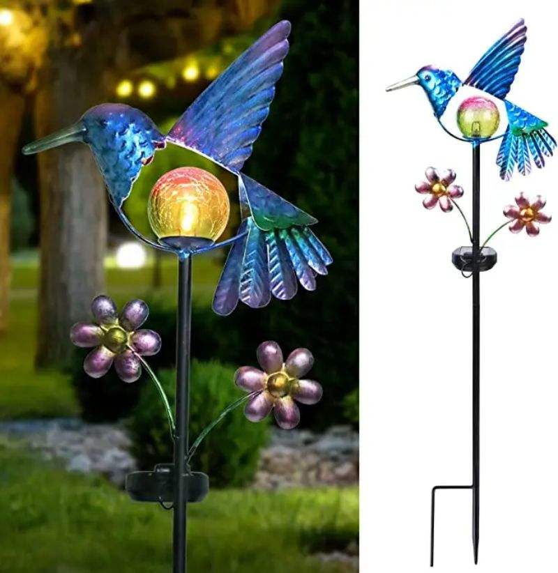 Solar Hummingbird Garden Stake Light — Colorful Metal Bird with Crackle Glass Ball