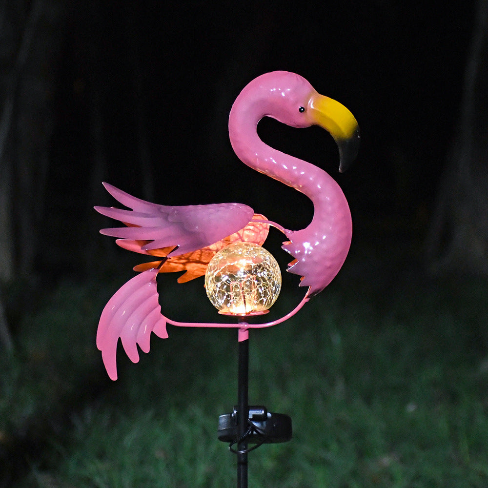 Artisan Hand-Painted Flamingo Stake — Crackle Glass Solar Heart
