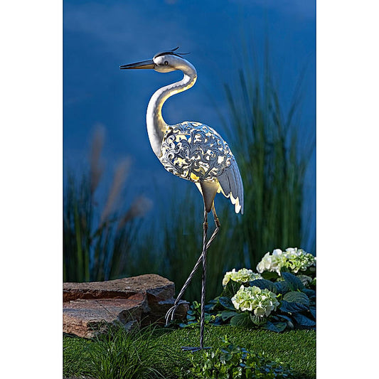 Solar Heron Garden Statue Light — Hollow Iron Filigree Sculpture 36 inch