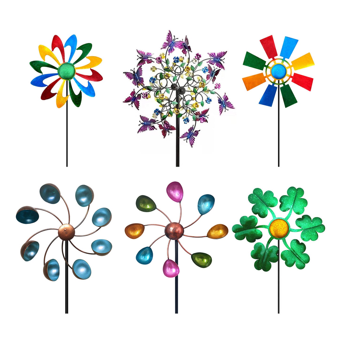 Colorful Metal Wind Spinner Garden Stake — Your Choice of Style (Kinetic Yard Art)