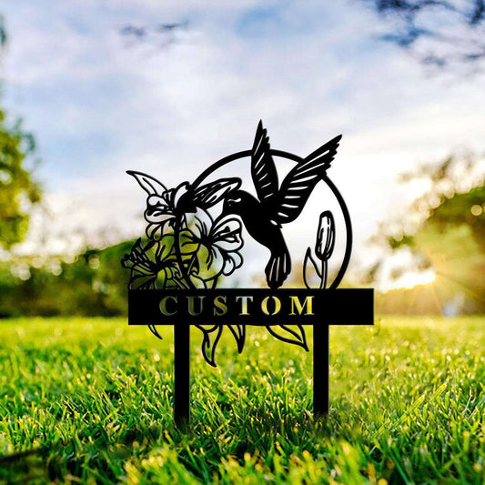 Personalized hummingbird iron garden stake with custom name