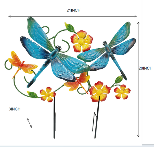 Colorful Dragonfly Duo Garden Stake — 3D Metal Flower Yard Art (21 inch)