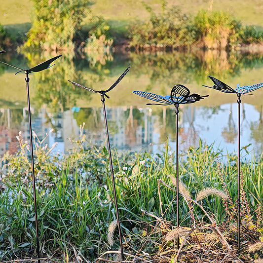 Black metal dragonfly butterfly pond stake set 5 piece laser cut