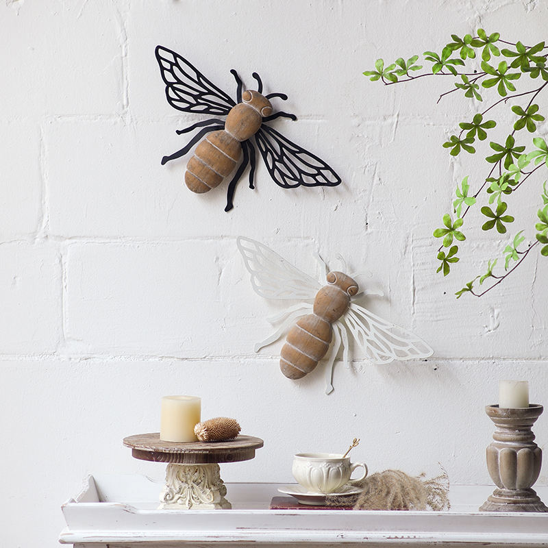 Wood and iron bee wall art set of 2 farmhouse decor