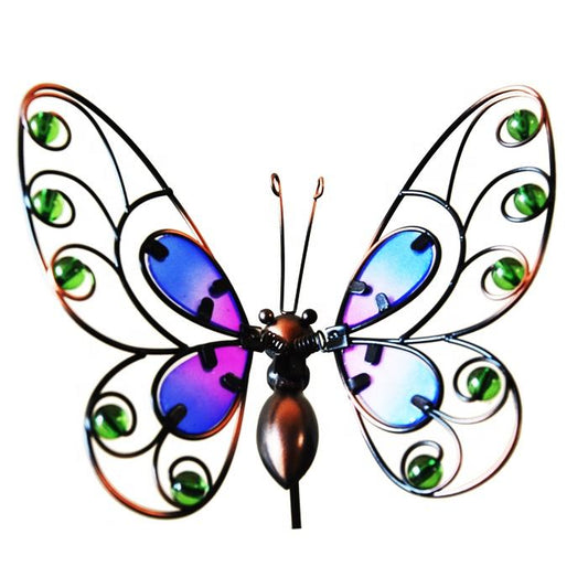 Iron wire butterfly garden stake with purple blue glass beads