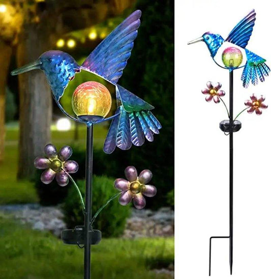Solar Hummingbird Garden Stake Light — Colorful Metal Bird with Crackle Glass Ball