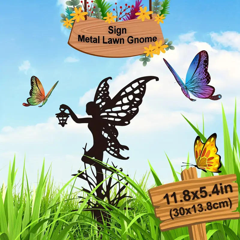 Black metal fairy silhouette garden stake laser cut whimsical