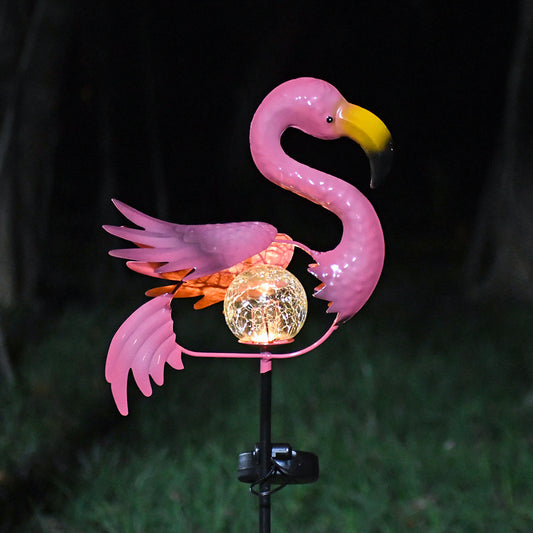 Artisan Hand-Painted Flamingo Stake — Crackle Glass Solar Heart
