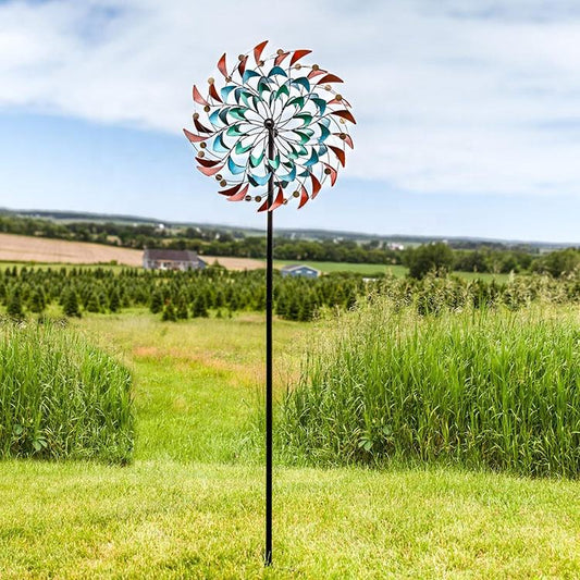 Dual-Layer Rainbow Wind Spinner Garden Stake — Large Kinetic Yard Art