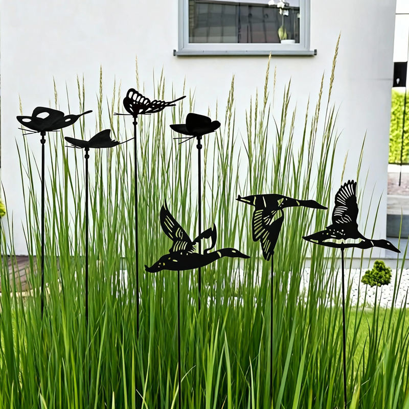 Black metal bird in flight garden stake set 8 piece