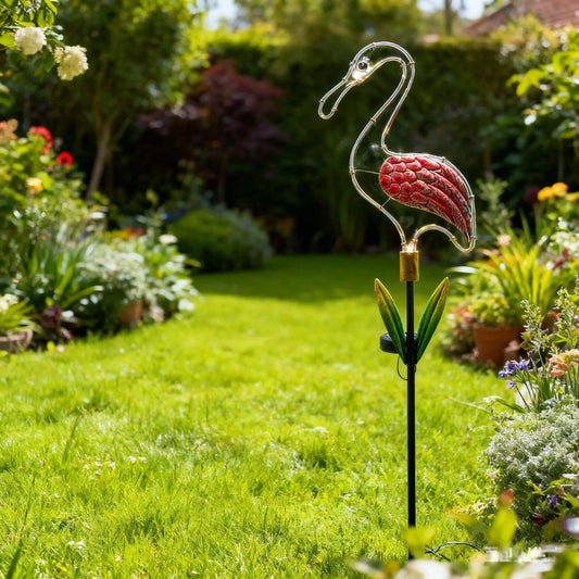 Solar Crane Garden Stake Light — Metal Wire Bird with Red Mosaic Glass Body