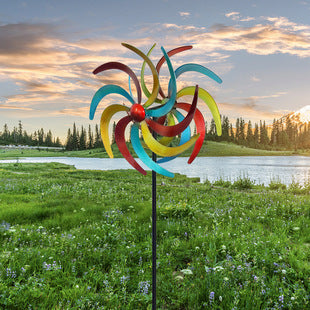 Large colorful 60 inch multi-layer kinetic wind spinner garden stake yard art